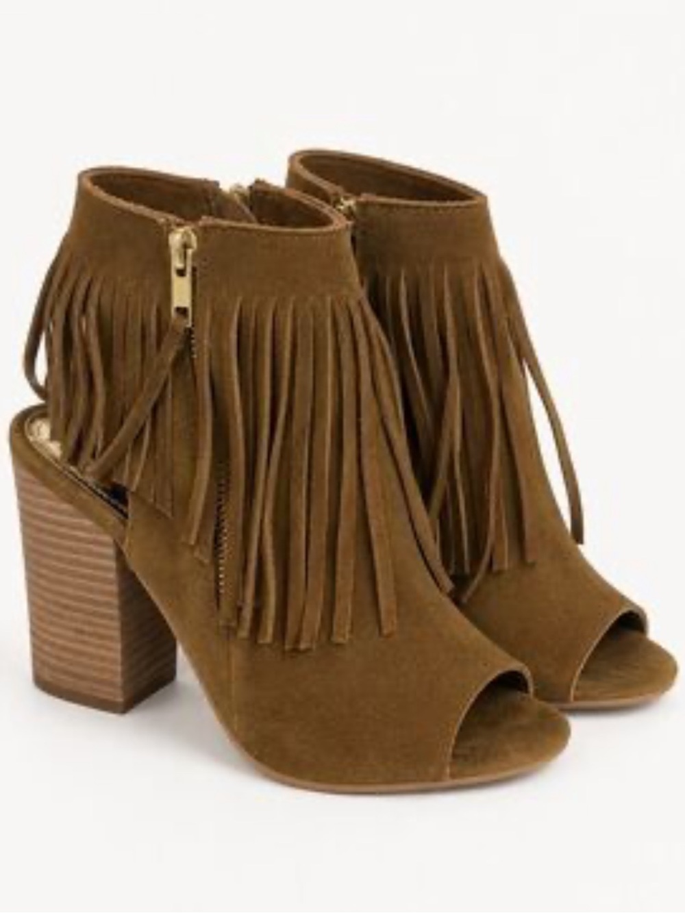 Bohemian Diba Suede Fringe Tassel Open Toe Heeled Sandals, Tan, Size 9.5